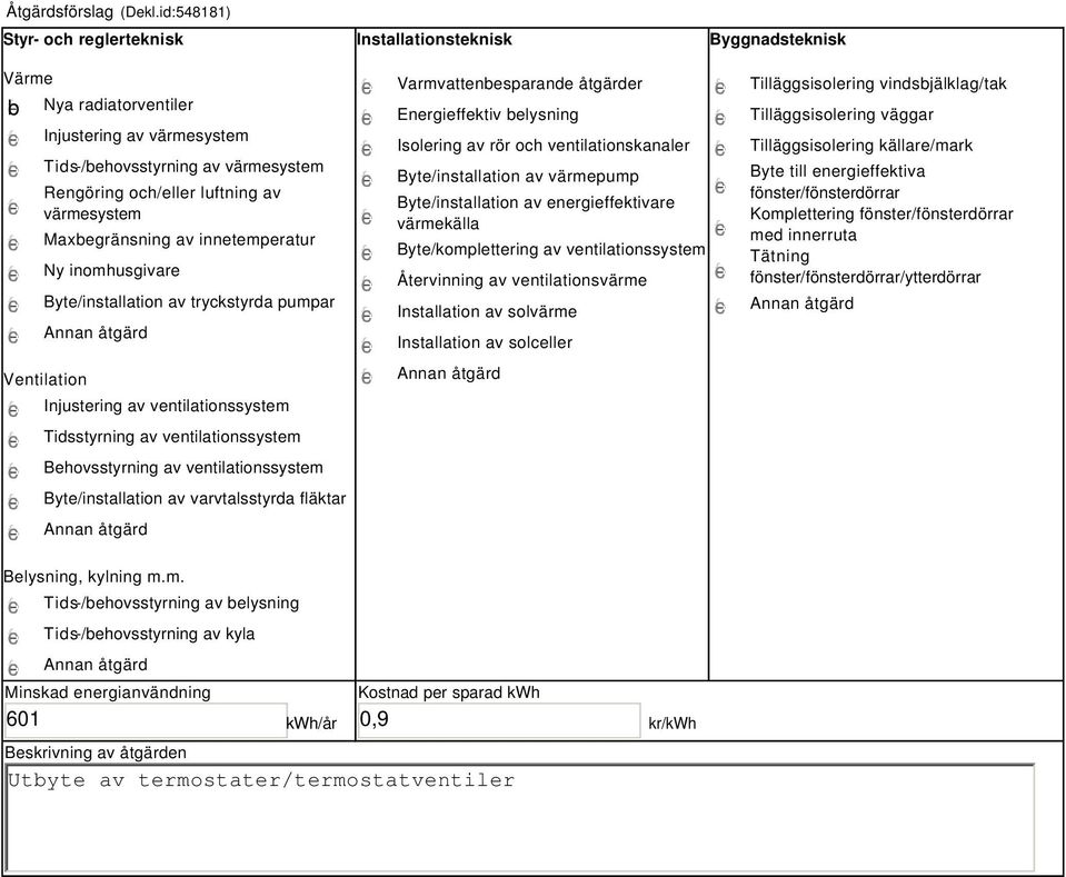 värmesystem Maxbegränsning av innetemperatur Ny inomhusgivare Byte/installation av tryckstyrda pumpar Ventilation Injustering av ventilationssystem Tidsstyrning av ventilationssystem Behovsstyrning