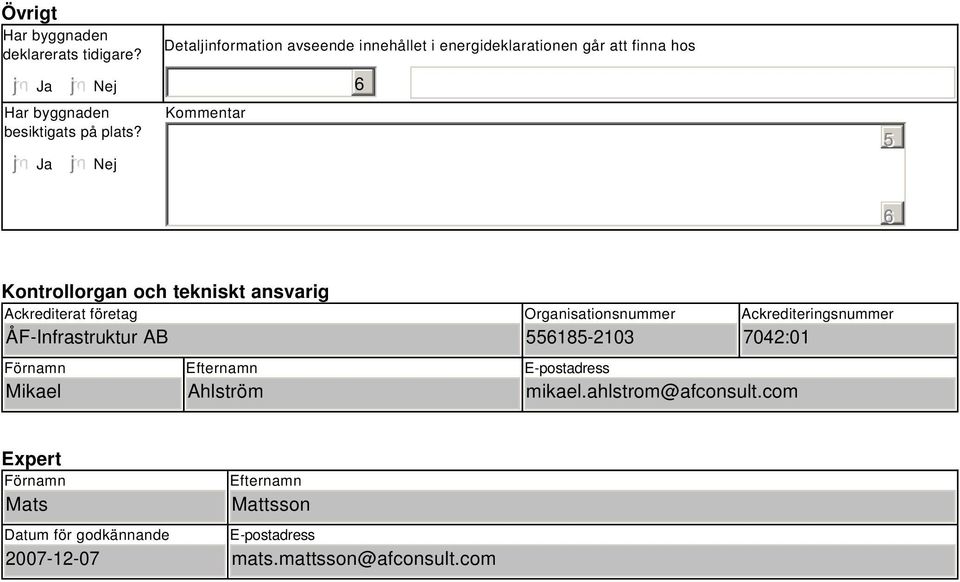 ansvarig Ackrediterat företag ÅF-Infrastruktur AB Förnamn Mikael Efternamn Ahlström Organisationsnummer 55185-2103 E-postadress