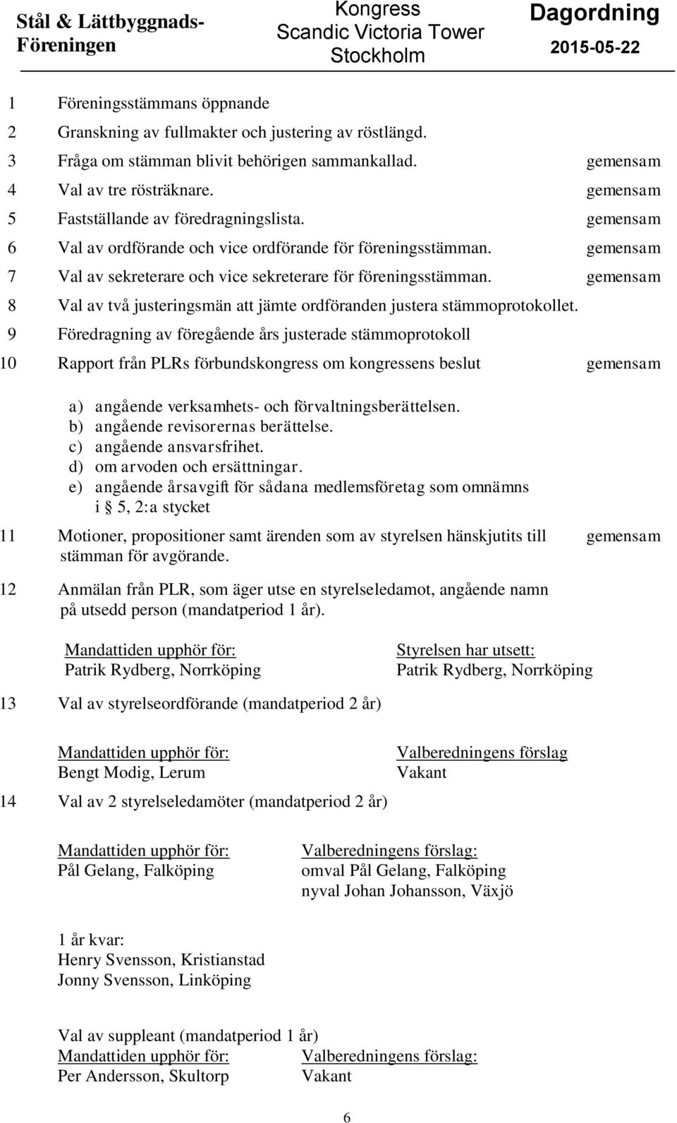 gemensam 6 Val av ordförande och vice ordförande för föreningsstämman. gemensam 7 Val av sekreterare och vice sekreterare för föreningsstämman.