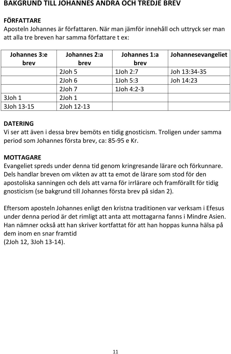 1Joh 5:3 Joh 14:23 2Joh 7 1Joh 4:2-3 3Joh 1 2Joh 1 3Joh 13-15 2Joh 12-13 DATERING Vi ser att även i dessa brev bemöts en tidig gnosticism.