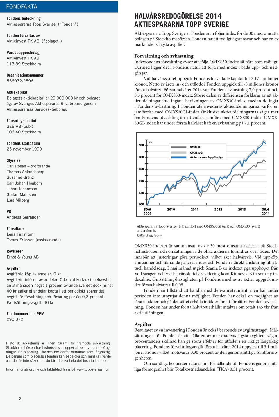 Förvaringsinstitut SEB AB (publ) 106 40 Stockholm HALVÅRSREDOGÖRELSE 2014 AKTIESPARARNA TOPP SVERIGE Aktiespararna Topp Sverige är Fonden som följer index för de 30 mest omsatta bolagen på