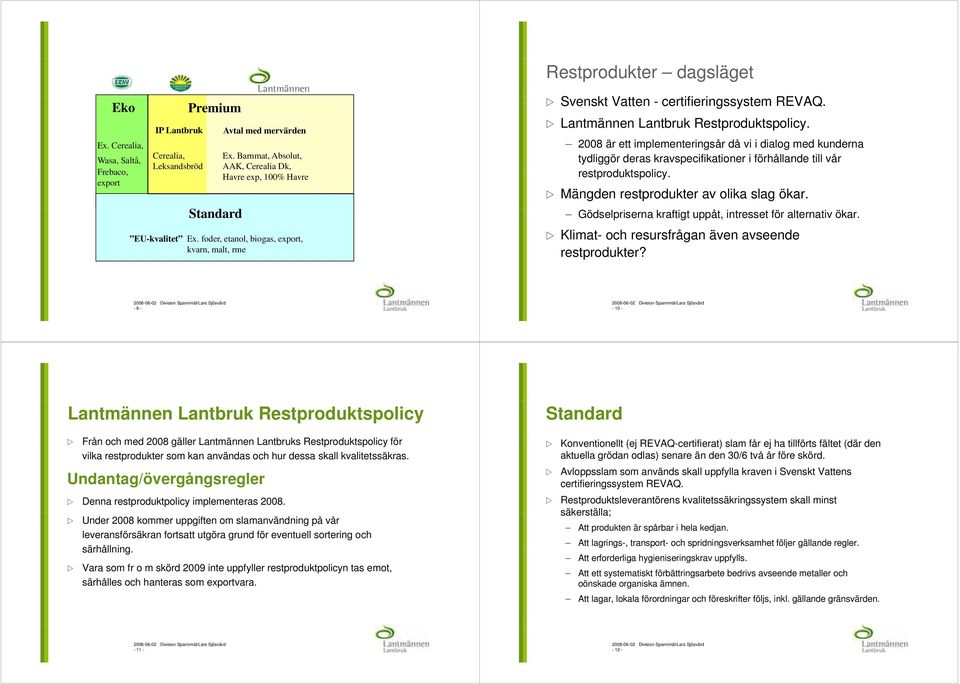 Lantmännen Lantbruk Restproduktspolicy. 2008 är ett implementeringsår då vi i dialog med kunderna tydliggör deras kravspecifikationer i förhållande till vår restproduktspolicy.