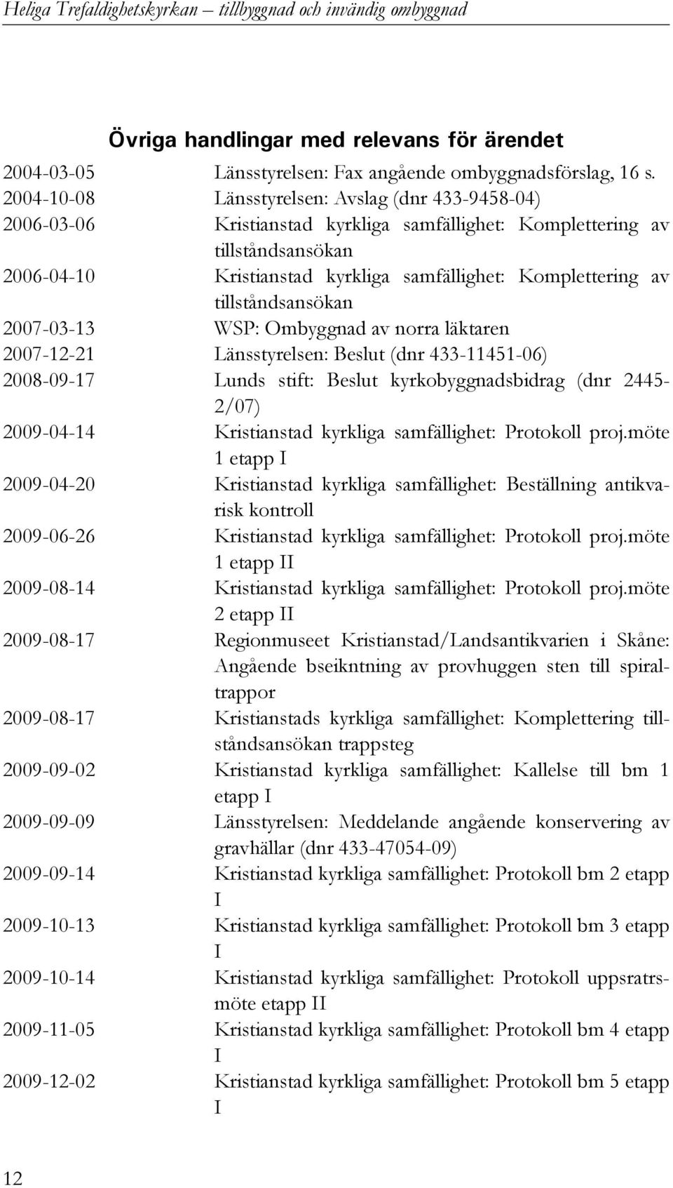 tillståndsansökan 2007-03-13 WSP: Ombyggnad av norra läktaren 2007-12-21 Länsstyrelsen: Beslut (dnr 433-11451-06) 2008-09-17 Lunds stift: Beslut kyrkobyggnadsbidrag (dnr 2445-2/07) 2009-04-14