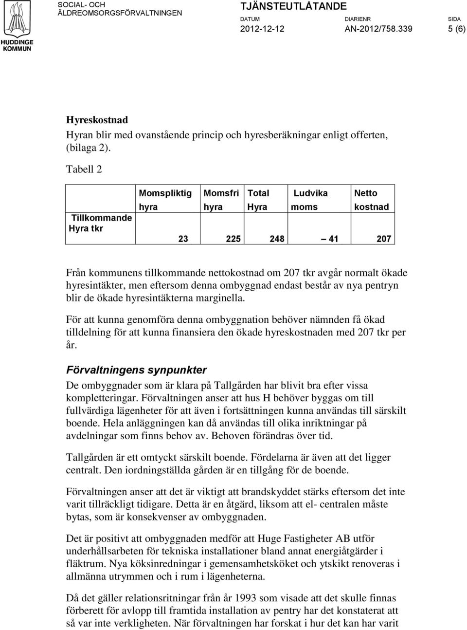 Tabell 2 Tillkommande Hyra tkr Momspliktig Momsfri Total Ludvika Netto hyra hyra Hyra moms kostnad 23 225 248 41 207 Från kommunens tillkommande nettokostnad om 207 tkr avgår normalt ökade