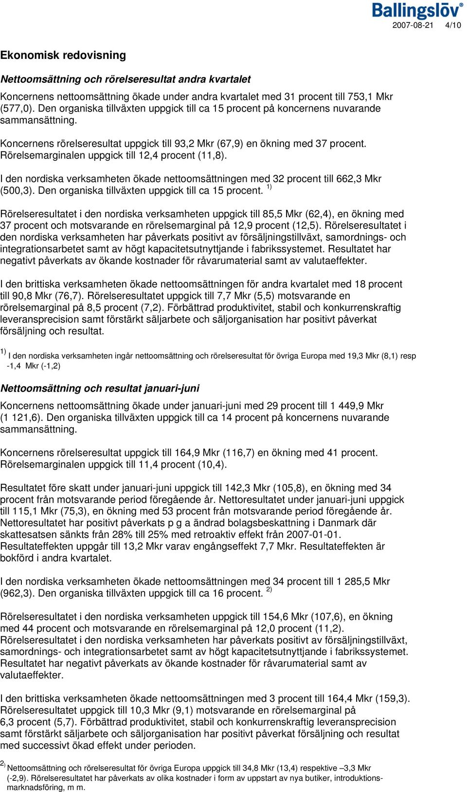 Rörelsemarginalen uppgick till 12,4 procent (11,8). I den nordiska verksamheten ökade nettoomsättningen med 32 procent till 662,3 Mkr (500,3). Den organiska tillväxten uppgick till ca 15 procent.