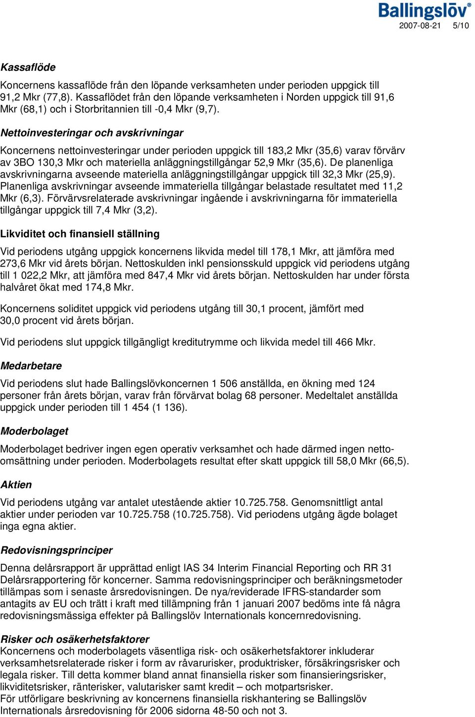 Nettoinvesteringar och avskrivningar Koncernens nettoinvesteringar under perioden uppgick till 183,2 Mkr (35,6) varav förvärv av 3BO 130,3 Mkr och materiella anläggningstillgångar 52,9 Mkr (35,6).