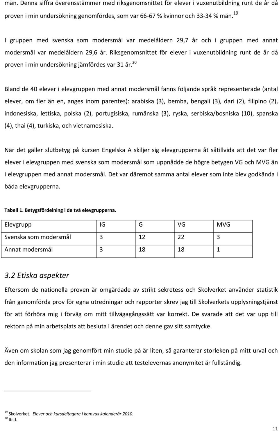 Riksgenomsnittet för elever i vuxenutbildning runt de år då proven i min undersökning jämfördes var 31 år.