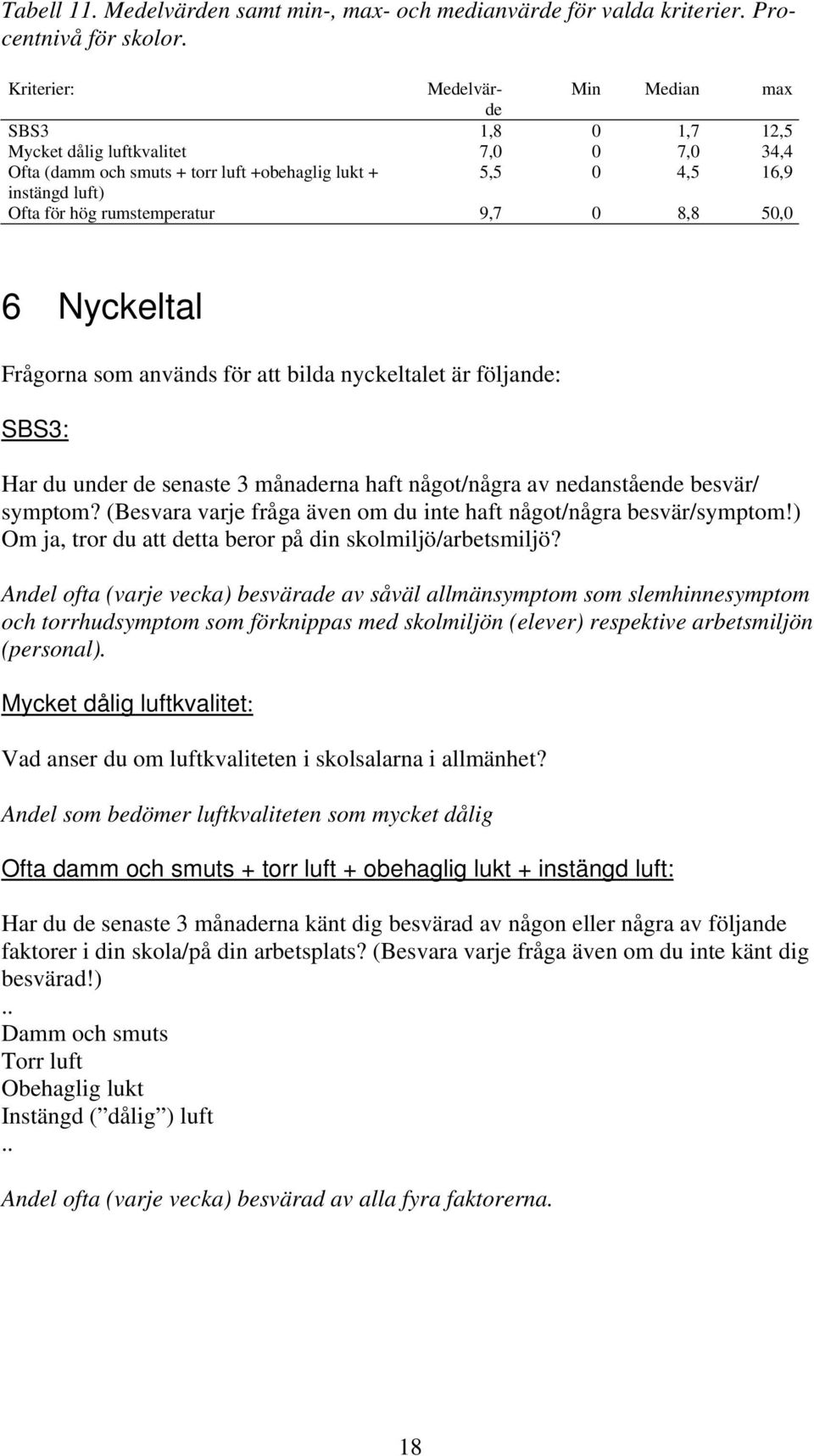 rumstemperatur 9,7 0 8,8 50,0 6 Nyckeltal Frågorna som används för att bilda nyckeltalet är följande: SBS3: Har du under de senaste 3 månaderna haft något/några av nedanstående besvär/ symptom?