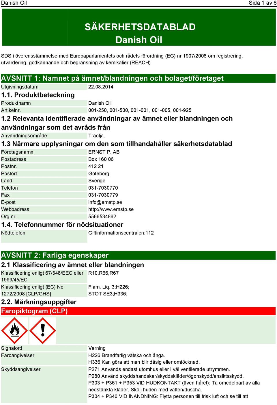 001-250, 001-500, 001-001, 001-005, 001-925 1.2 Relevanta identifierade användningar av ämnet eller blandningen och användningar som det avråds från Användningsområde Träolja. 1.3 Närmare upplysningar om den som tillhandahåller säkerhetsdatablad Företagsnamn ERNST P.