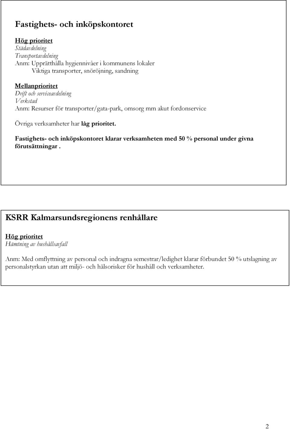 Fastighets- och inköpskontoret klarar verksamheten med 50 % personal under givna förutsättningar.