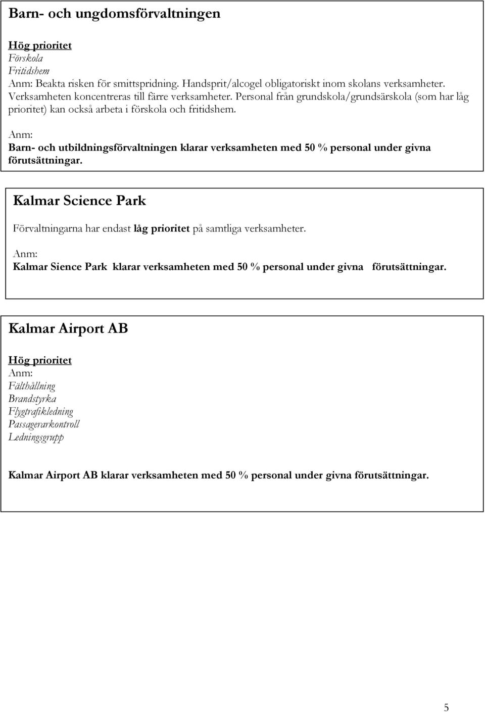 Barn- och utbildningsförvaltningen klarar verksamheten med 50 % personal under givna Kalmar Science Park Förvaltningarna har endast låg prioritet på samtliga verksamheter.