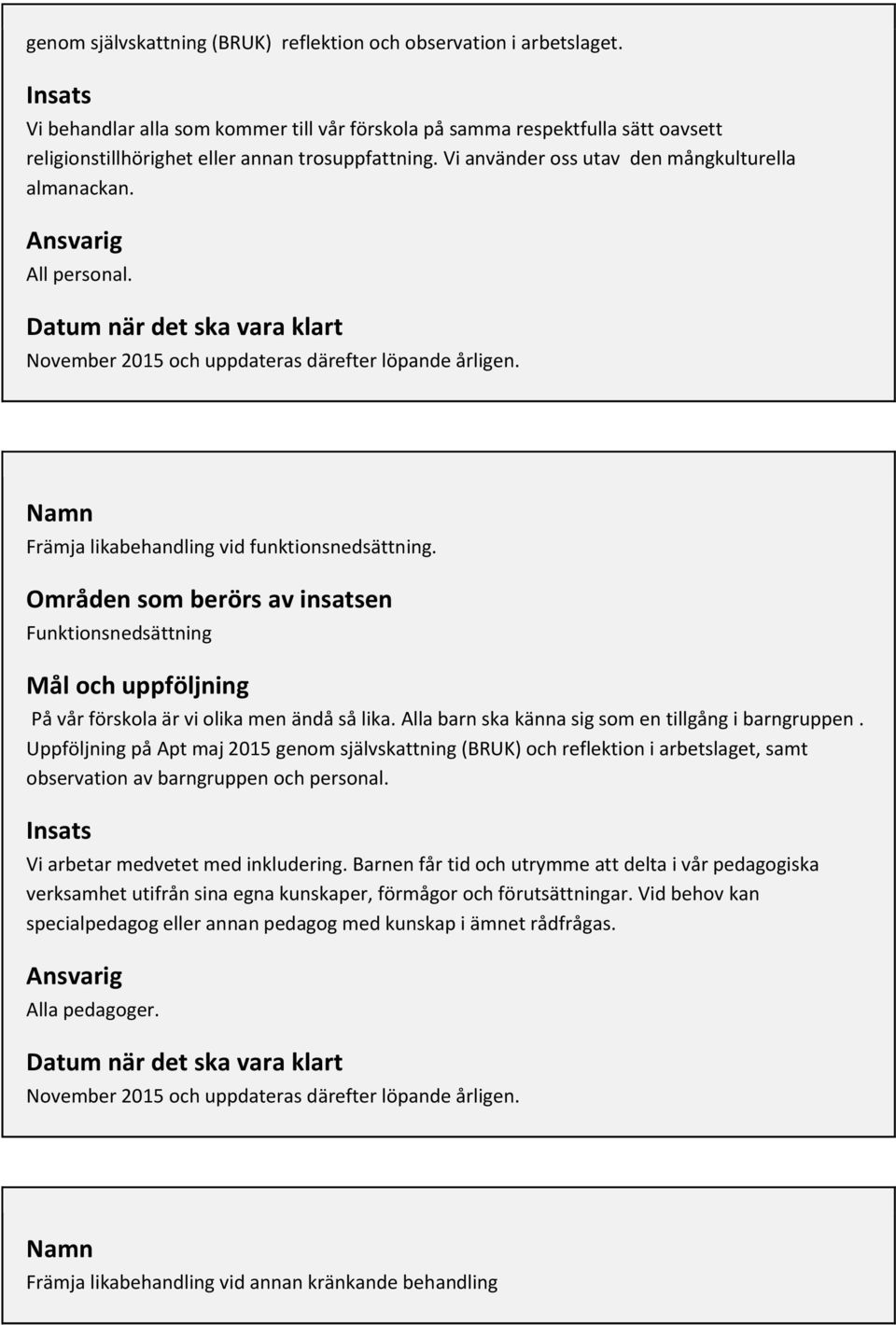 November 2015 och uppdateras därefter löpande årligen. Främja likabehandling vid funktionsnedsättning. Områden som berörs av insatsen Funktionsnedsättning På vår förskola är vi olika men ändå så lika.