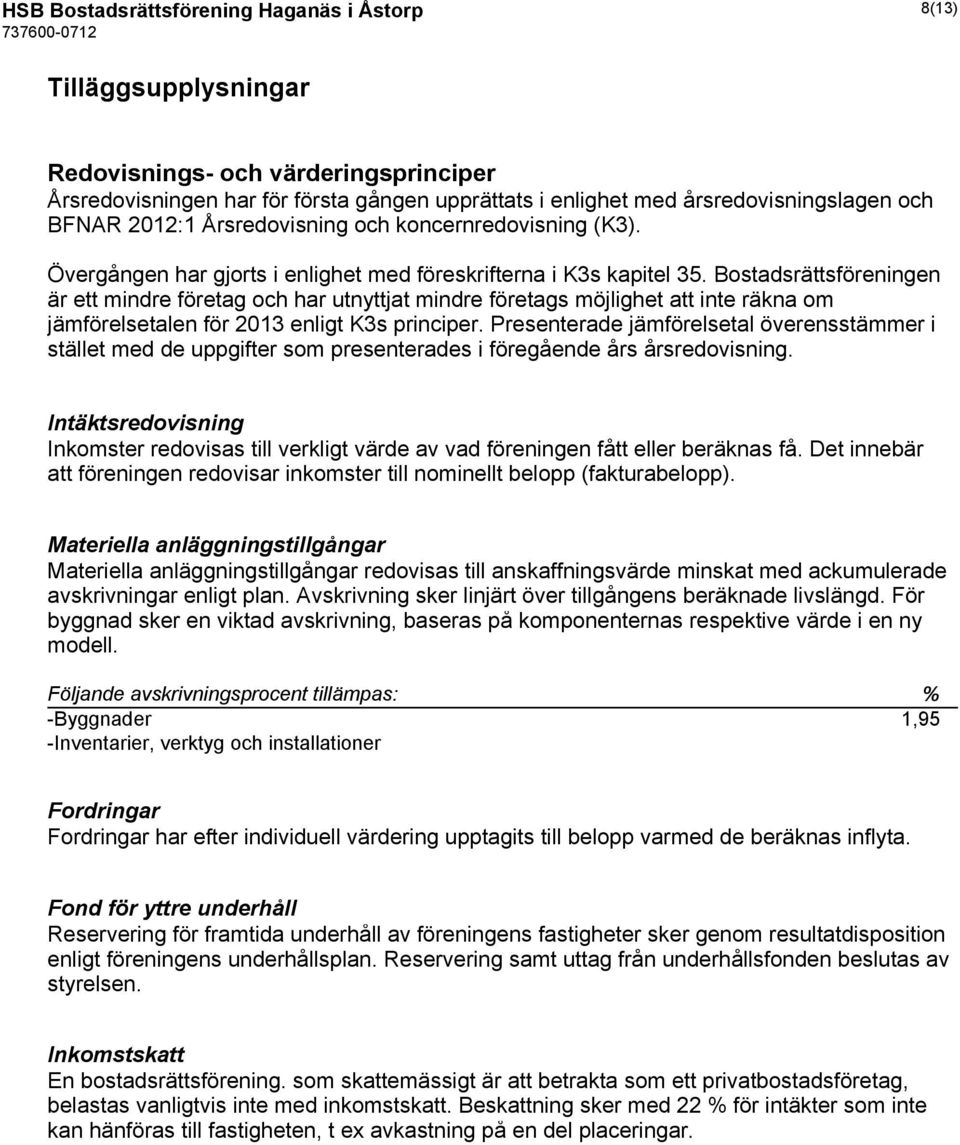 Bostadsrättsföreningen är ett mindre företag och har utnyttjat mindre företags möjlighet att inte räkna om jämförelsetalen för 2013 enligt K3s principer.