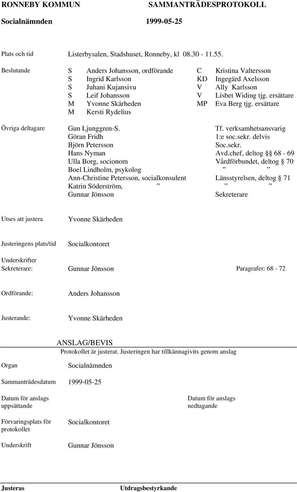 ersättare M Yvonne Skärheden MP Eva Berg tjg. ersättare M Kersti Rydelius Övriga deltagare Gun Ljunggren-S. Tf. verksamhetsansvarig Göran Fridh 1:e soc.sekr. delvis Björn Petersson Soc.sekr. Hans Nyman Avd.