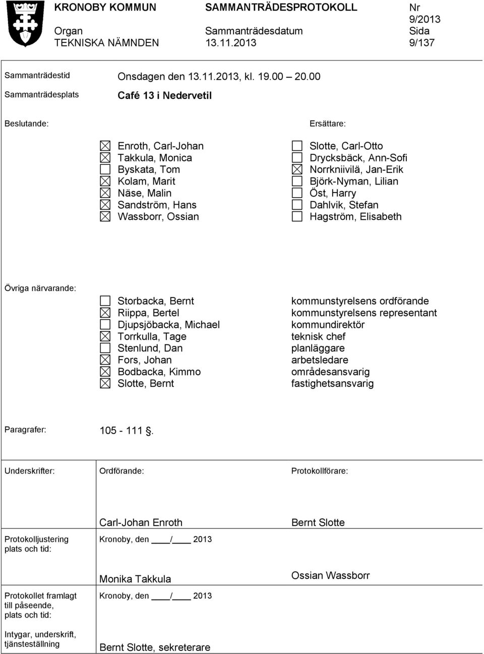 Drycksbäck, Ann-Sofi Norrkniivilä, Jan-Erik Björk-Nyman, Lilian Öst, Harry Dahlvik, Stefan Hagström, Elisabeth Övriga närvarande: Storbacka, Bernt Riippa, Bertel Djupsjöbacka, Michael Torrkulla, Tage