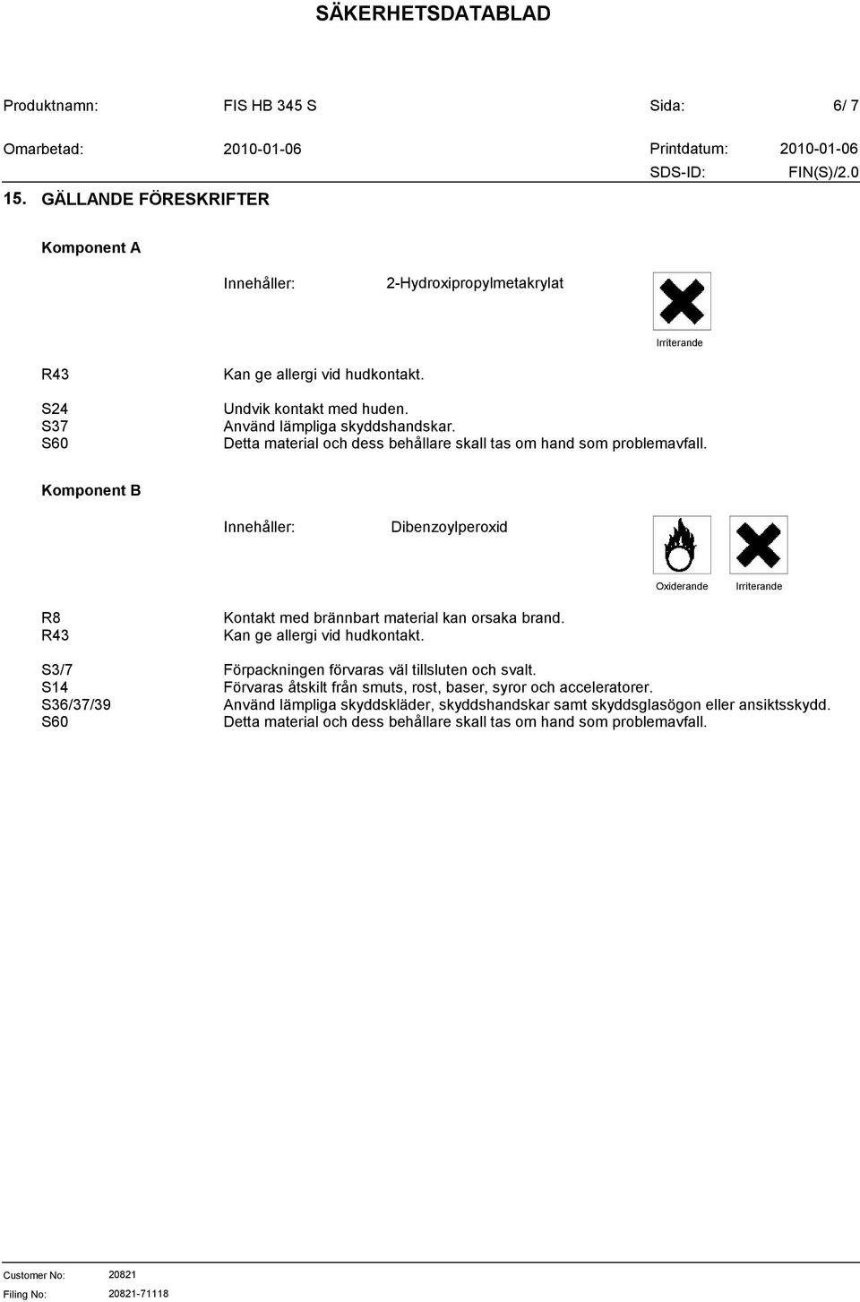 Innehåller: Dibenzoylperoxid Oxiderande Irriterande R8 R43 S3/7 S14 S36/37/39 S60 Kontakt med brännbart material kan orsaka brand.