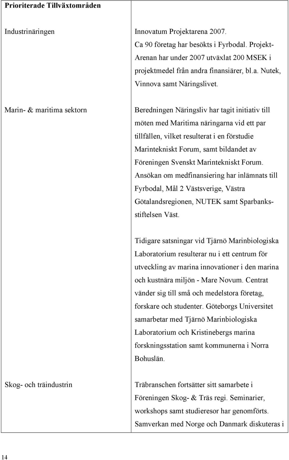 Marin- & maritima sektorn Beredningen Näringsliv har tagit initiativ till möten med Maritima näringarna vid ett par tillfällen, vilket resulterat i en förstudie Marintekniskt Forum, samt bildandet av