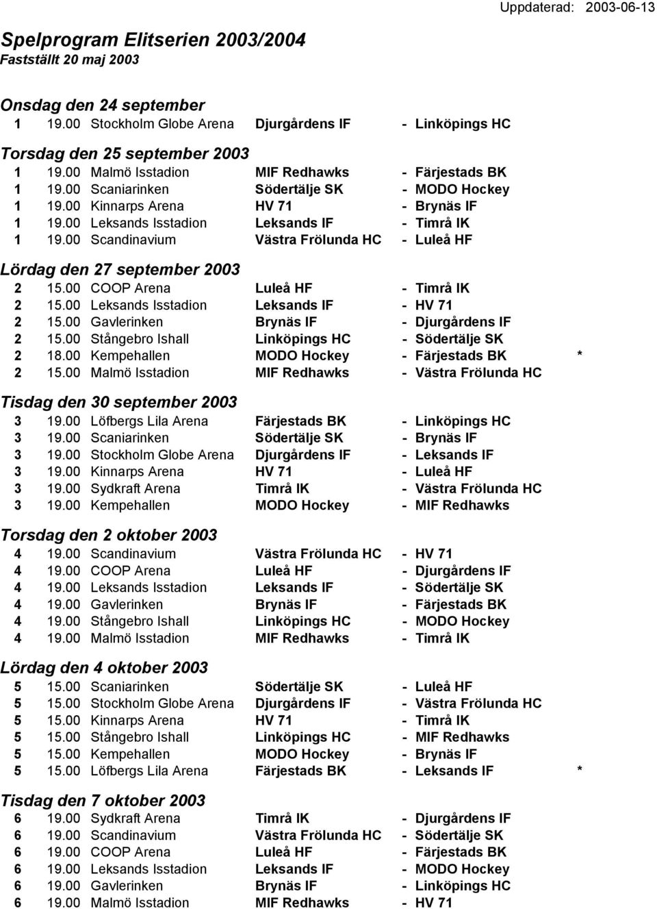 00 Scandinavium Västra Frölunda HC - Luleå HF Lördag den 27 september 2003 2 15.00 COOP Arena Luleå HF - Timrå IK 2 15.00 Leksands Isstadion Leksands IF - HV 71 2 15.