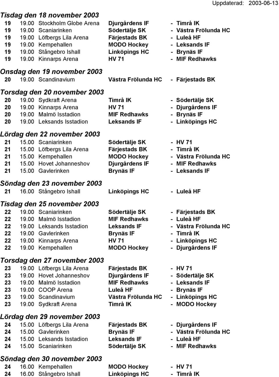 00 Kinnarps Arena HV 71 - MIF Redhawks Onsdag den 19 november 2003 20 19.00 Scandinavium Västra Frölunda HC - Färjestads BK Torsdag den 20 november 2003 20 19.