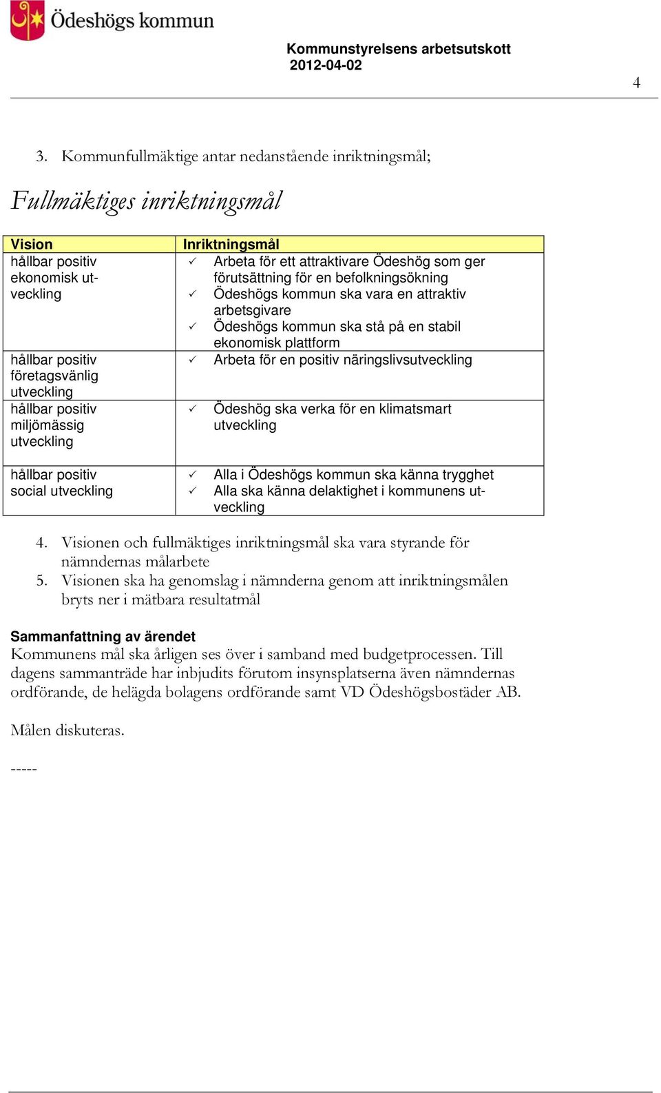 näringslivsutveckling Ödeshög ska verka för en klimatsmart utveckling social utveckling Alla i Ödeshögs kommun ska känna trygghet Alla ska känna delaktighet i kommunens utveckling 4.
