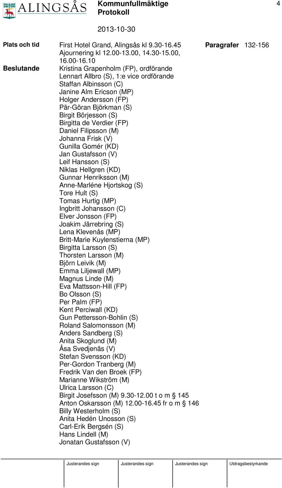 (S) Birgitta de Verdier (FP) Daniel Filipsson (M) Johanna Frisk (V) Gunilla Gomér (KD) Jan Gustafsson (V) Leif Hansson (S) Niklas Hellgren (KD) Gunnar Henriksson (M) Anne-Marléne Hjortskog (S) Tore