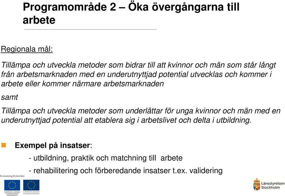 Tillämpa och utveckla metoder som underlättar för unga kvinnor och män med en underutnyttjad potential att etablera sig i arbetslivet och