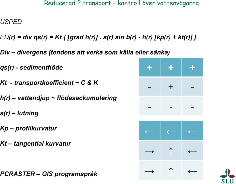 qs(r) - sedimentflöde + + + Kt - transportkoefficient ~ C & K h(r) vattendjup ~