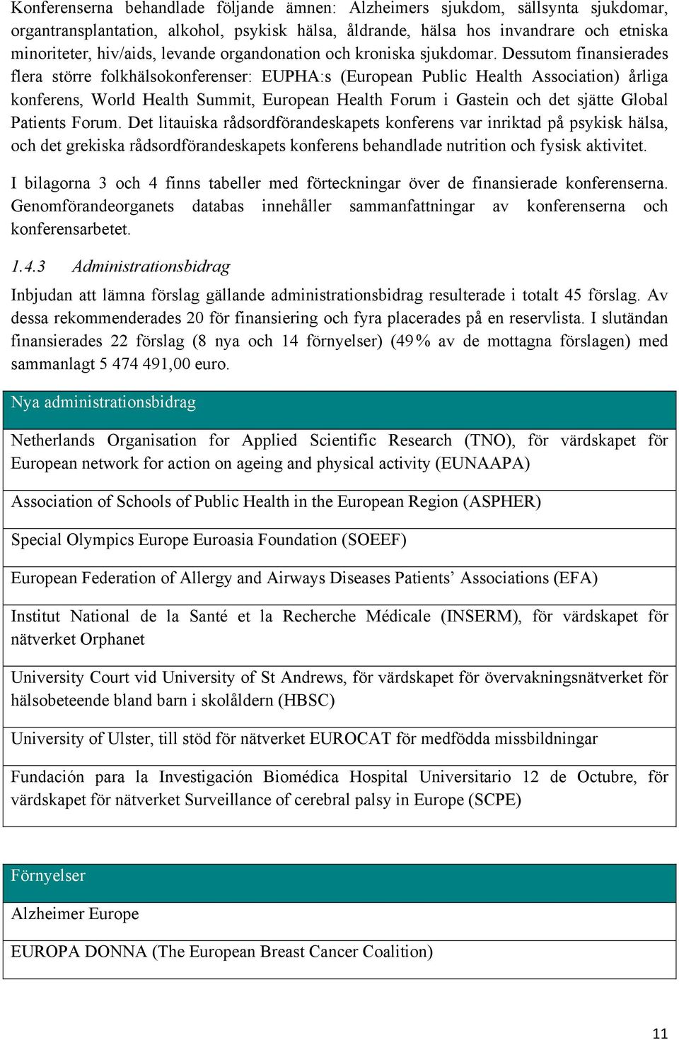 Dessutom finansierades flera större folkhälsokonferenser: EUPHA:s (European Public Health Association) årliga konferens, World Health Summit, European Health Forum i Gastein och det sjätte Global
