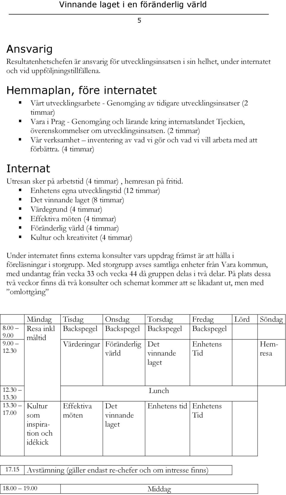 utvecklingsinsatsen. (2 timmar) Vår verksamhet inventering av vad vi gör och vad vi vill arbeta med att förbättra. (4 timmar) Internat Utresan sker på arbetstid (4 timmar), hemresan på fritid.