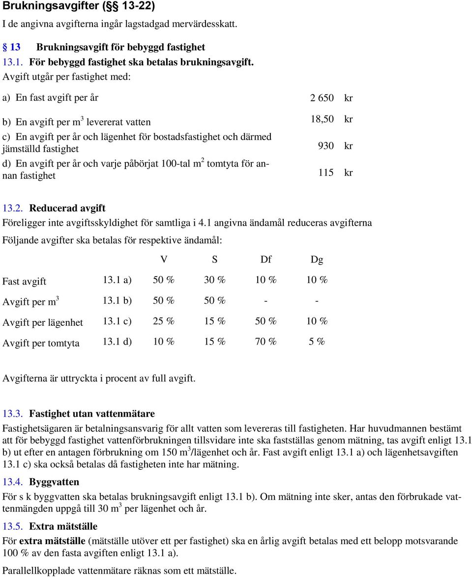 930 kr d) En avgift per år och varje påbörjat 100-tal m 2 tomtyta för annan fastighet 115 kr 13.2. Reducerad avgift Föreligger inte avgiftsskyldighet för samtliga i 4.