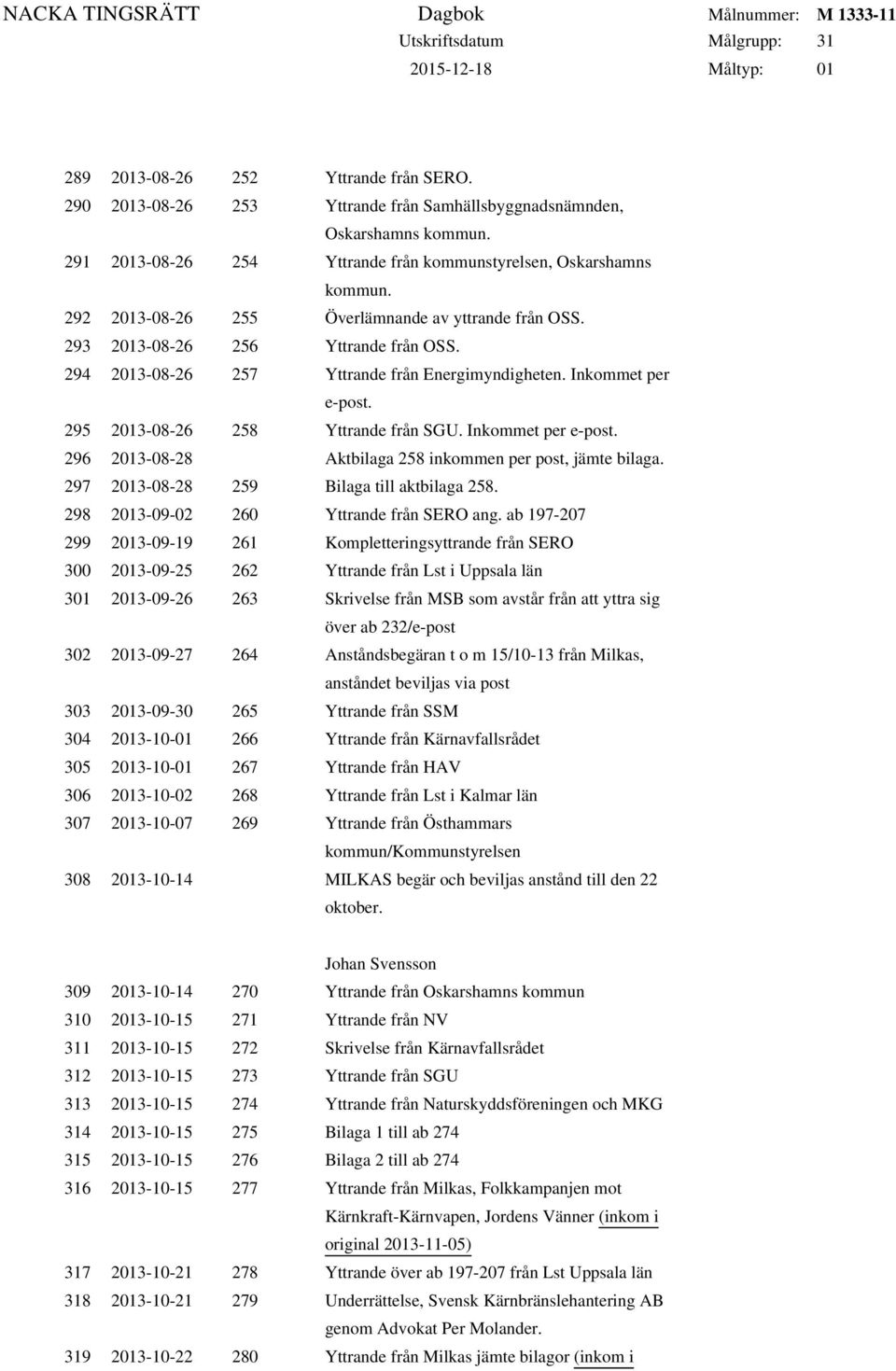 295 2013-08-26 258 Yttrande från SGU. Inkommet per e-post. 296 2013-08-28 Aktbilaga 258 inkommen per post, jämte bilaga. 297 2013-08-28 259 Bilaga till aktbilaga 258.