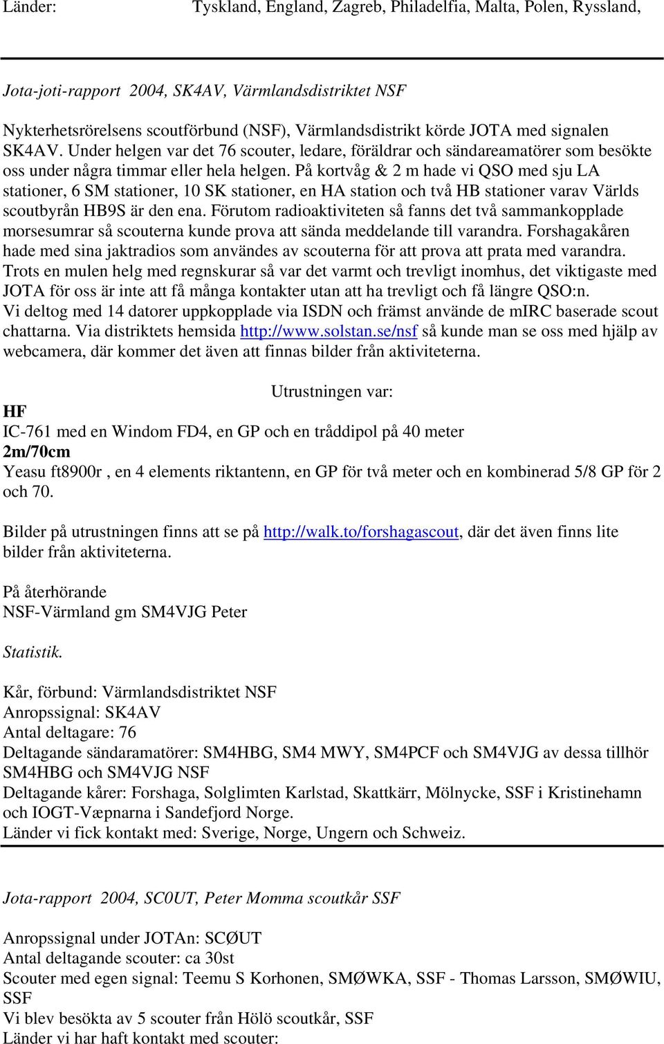 På kortvåg & 2 m hade vi QSO med sju LA stationer, 6 SM stationer, 10 SK stationer, en HA station och två HB stationer varav Världs scoutbyrån HB9S är den ena.