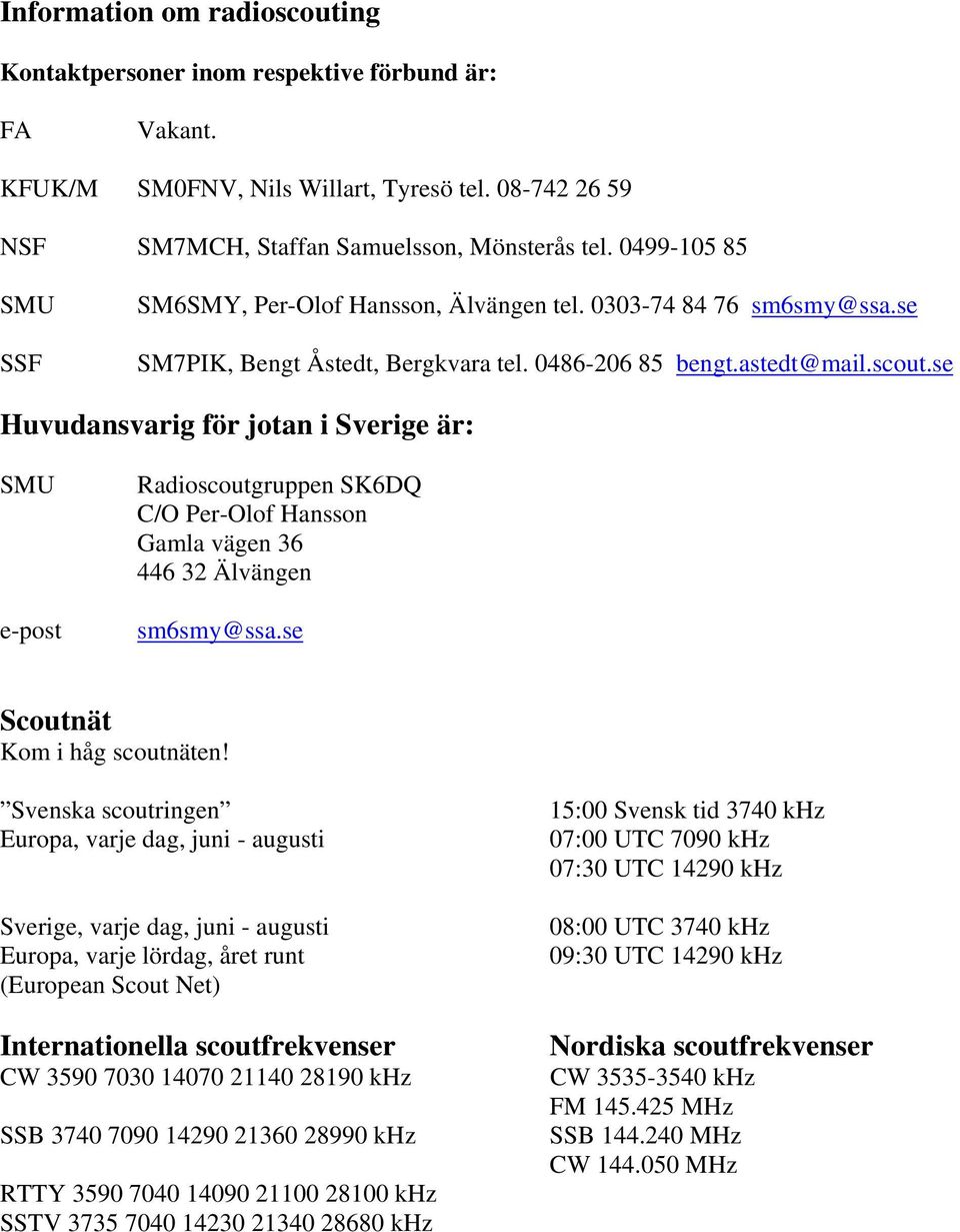 se Huvudansvarig för jotan i Sverige är: SMU e-post Radioscoutgruppen SK6DQ C/O Per-Olof Hansson Gamla vägen 36 446 32 Älvängen sm6smy@ssa.se Scoutnät Kom i håg scoutnäten!