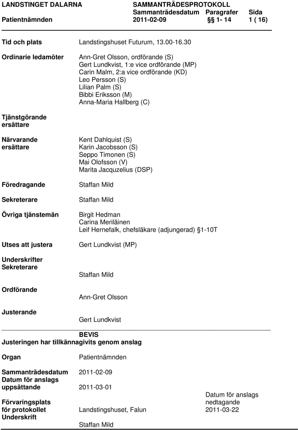 Hallberg (C) Tjänstgörande ersättare Närvarande ersättare Föredragande Sekreterare Övriga tjänstemän Utses att justera Underskrifter Sekreterare Ordförande Kent Dahlquist (S) Karin Jacobsson (S)
