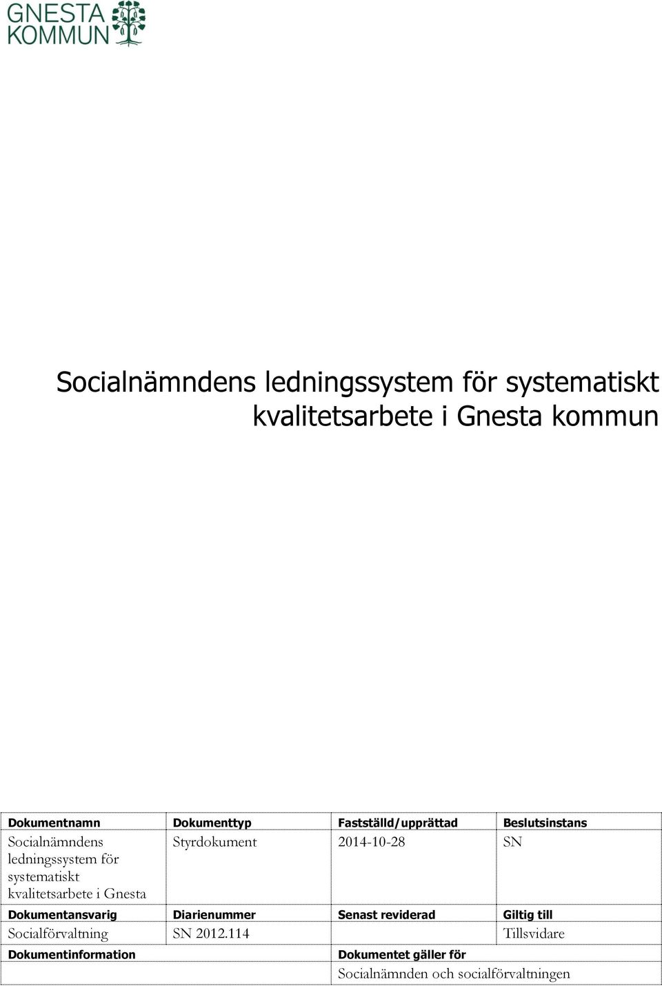 Gnesta Styrdokument 2014-10-28 SN Dokumentansvarig Diarienummer Senast reviderad Giltig till