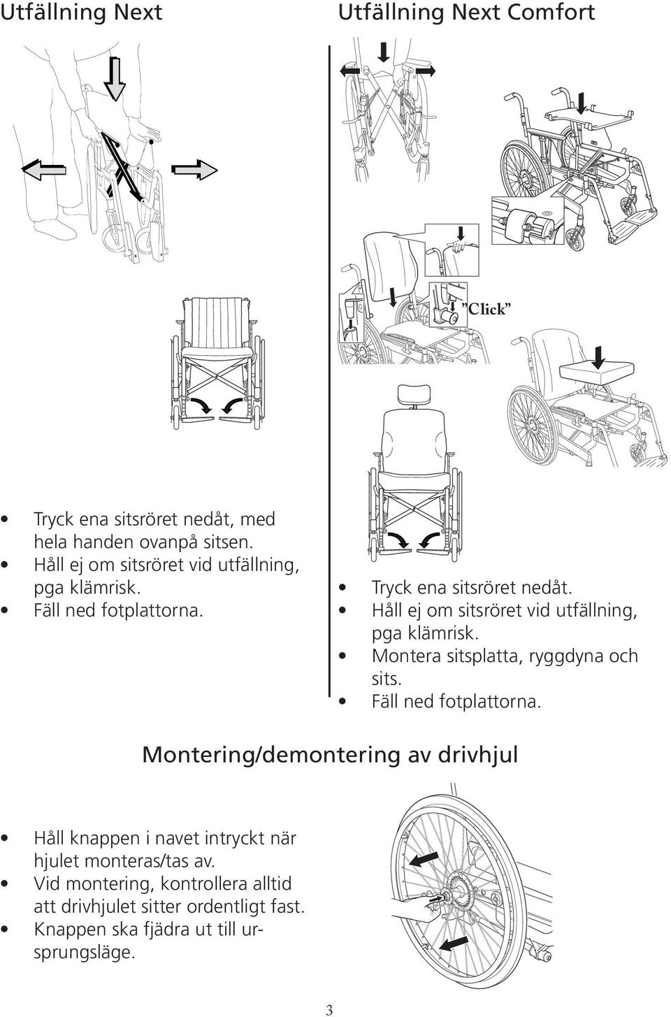 Håll ej om sitsröret vid utfällning, pga klämrisk. Montera sitsplatta, ryggdyna och sits. Fäll ned fotplattorna.