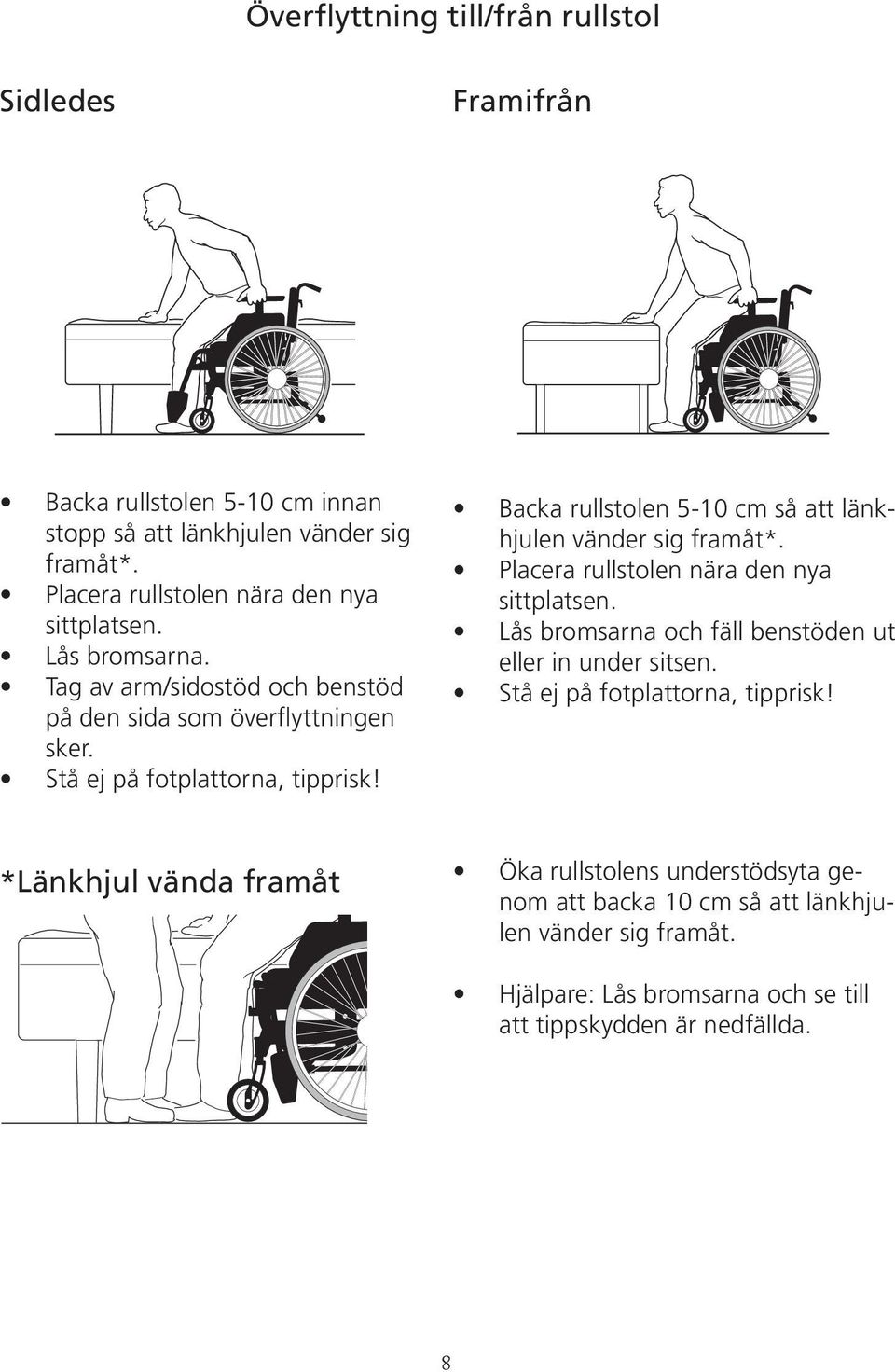 Backa rullstolen 5-10 cm så att länkhjulen vänder sig framåt*. Placera rullstolen nära den nya sittplatsen. Lås bromsarna och fäll benstöden ut eller in under sitsen.