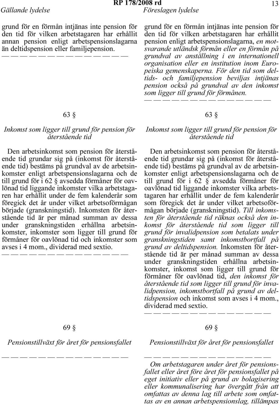 63 Inkomst som ligger till grund för pension för återstående tid Den arbetsinkomst som pension för återstående tid grundar sig på (inkomst för återstående tid) bestäms på grundval av de