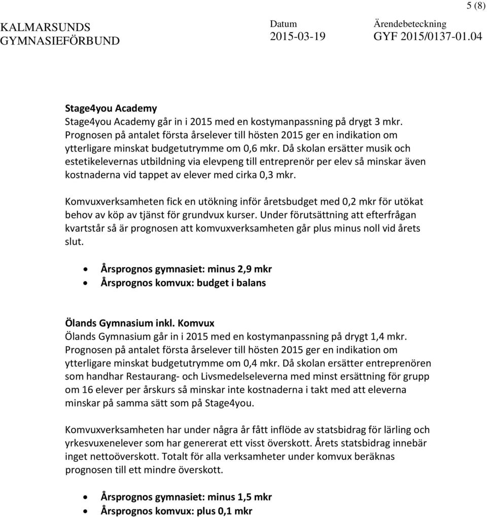 Då skolan ersätter musik och estetikelevernas utbildning via elevpeng till entreprenör per elev så minskar även kostnaderna vid tappet av elever med cirka 0,3 mkr.