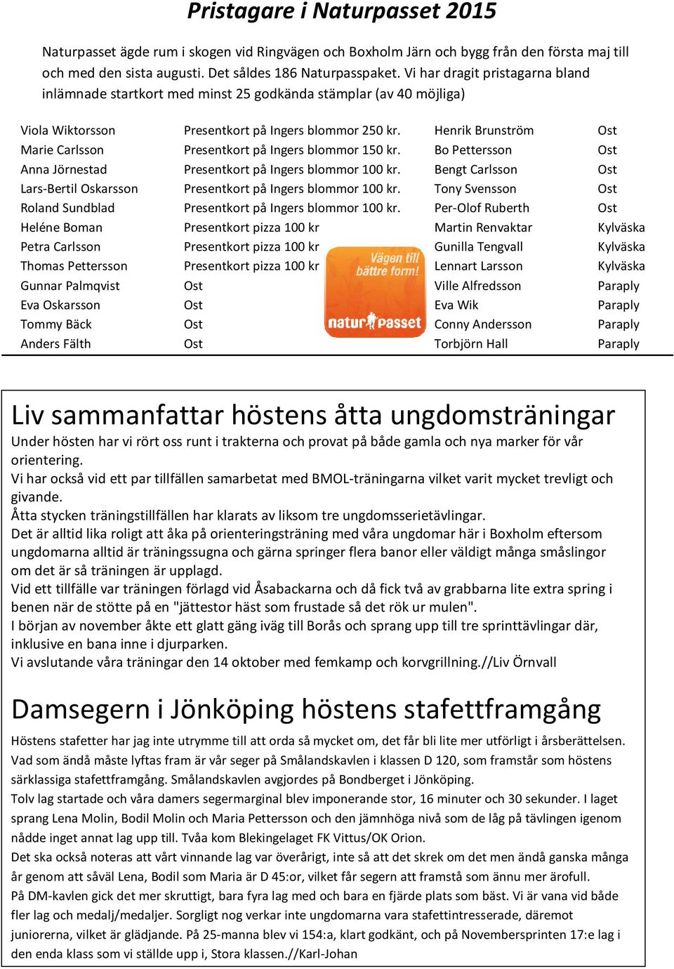 Petra Carlsson Thomas Pettersson Gunnar Palmqvist Eva Oskarsson Tommy Bäck Anders Fälth Presentkort på Ingers blommor 250 kr. Presentkort på Ingers blommor 150 kr.