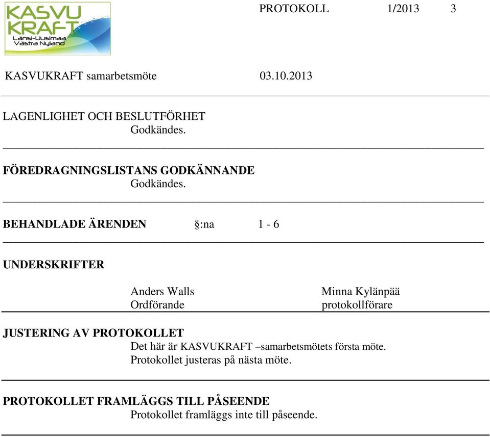 BEHANDLADE ÄRENDEN :na 1-6 UNDERSKRIFTER Anders Walls Ordförande Minna Kylänpää protokollförare