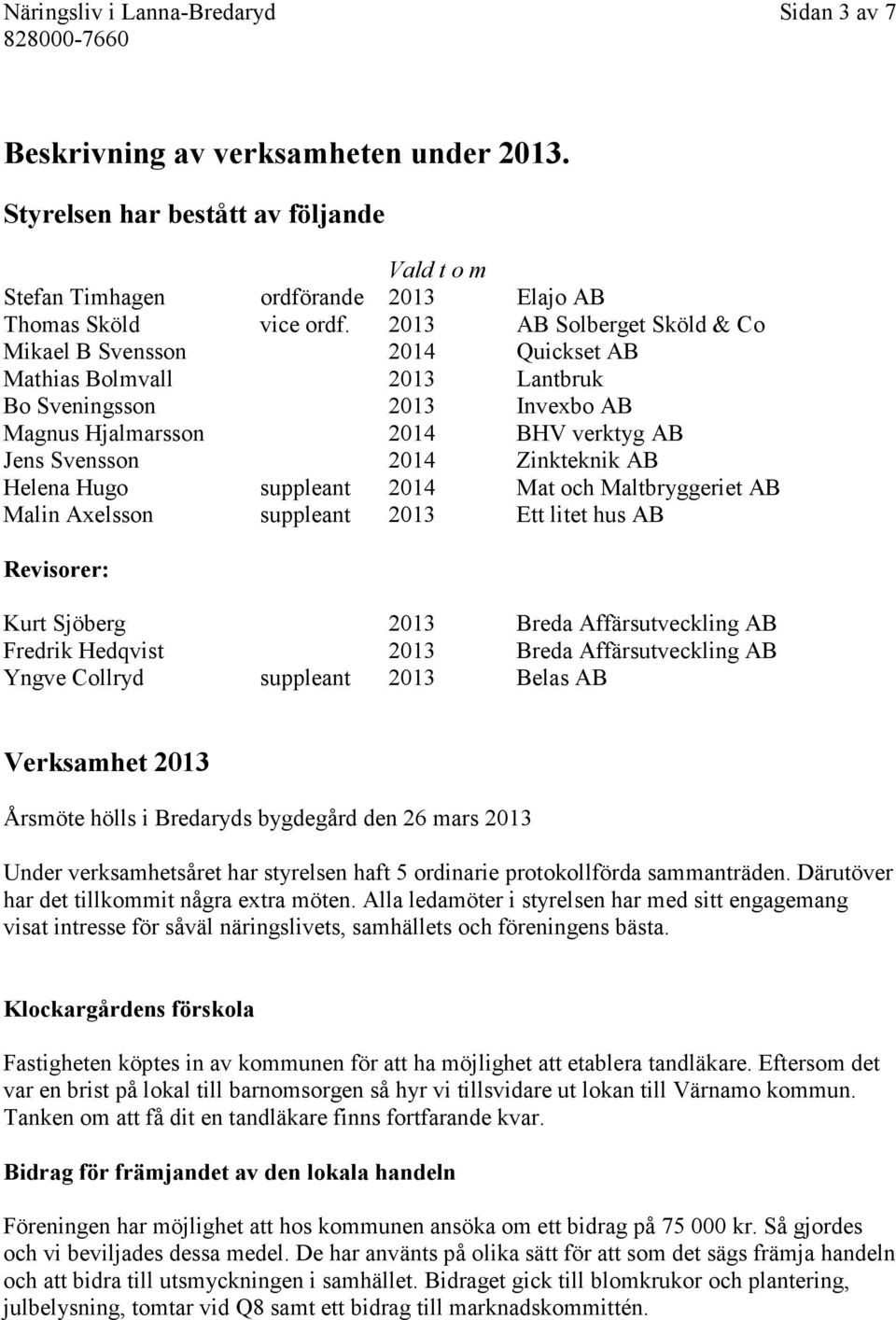 Helena Hugo suppleant 2014 Mat och Maltbryggeriet AB Malin Axelsson suppleant 2013 Ett litet hus AB Revisorer: Kurt Sjöberg 2013 Breda Affärsutveckling AB Fredrik Hedqvist 2013 Breda Affärsutveckling