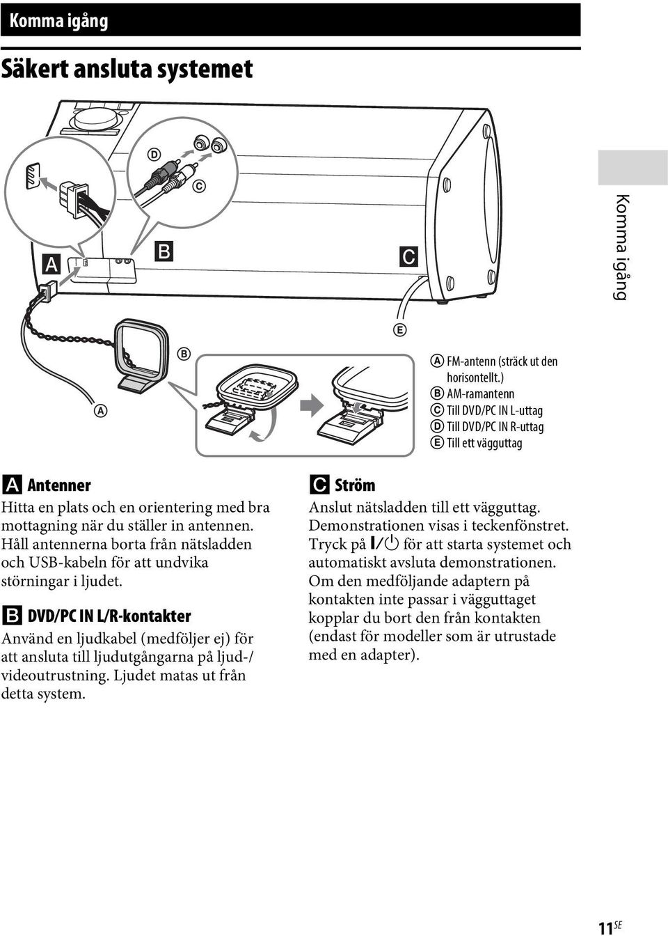 Håll antennerna borta från nätsladden och USB-kabeln för att undvika störningar i ljudet.