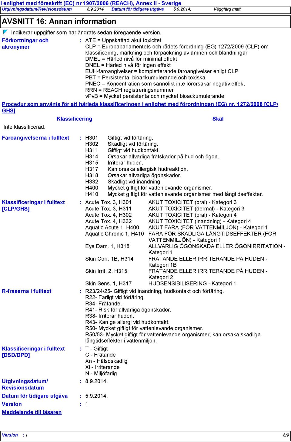 DMEL = Härled nivå för minimal effekt DNEL = Härled nivå för ingen effekt EUHfaroangivelser = kompletterande faroangivelser enligt CLP PBT = Persistenta, bioackumulerande och toxiska PNEC =