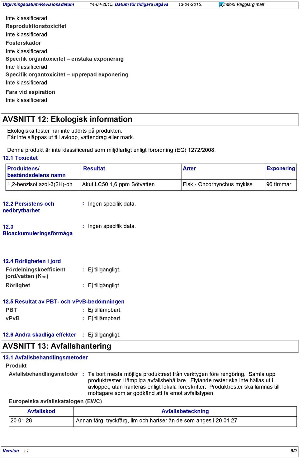 2/2008. 12.1 Toxicitet Produktens/ beståndsdelens namn Resultat 1,2benzisotiazol3(2H)on Akut LC50 1,6 ppm Sötvatten Fisk Oncorhynchus mykiss 96 timmar Arter Exponering 12.