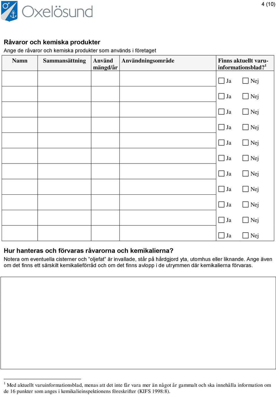 Notera om eventuella cisterner och oljefat är invallade, står på hårdgjord yta, utomhus eller liknande.