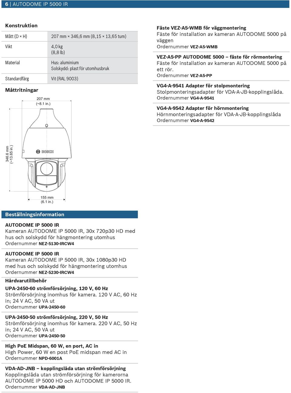 rörmontering Fäste för installation av kameran AUTODOME 5000 på ett rör. Ordernmmer VEZ-A5-PP VG4-A-9541 Adapter för stolpmontering Stolpmonteringsadapter för VDA-A-JB-kopplingslåda.