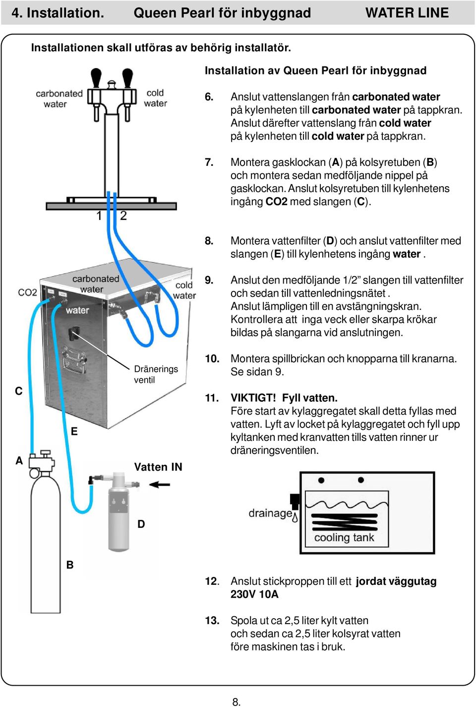 Montera gasklockan (A) på kolsyretuben (B) och montera sedan medföljande nippel på gasklockan. Anslut kolsyretuben till kylenhetens ingång CO2 med slangen (C). 8.