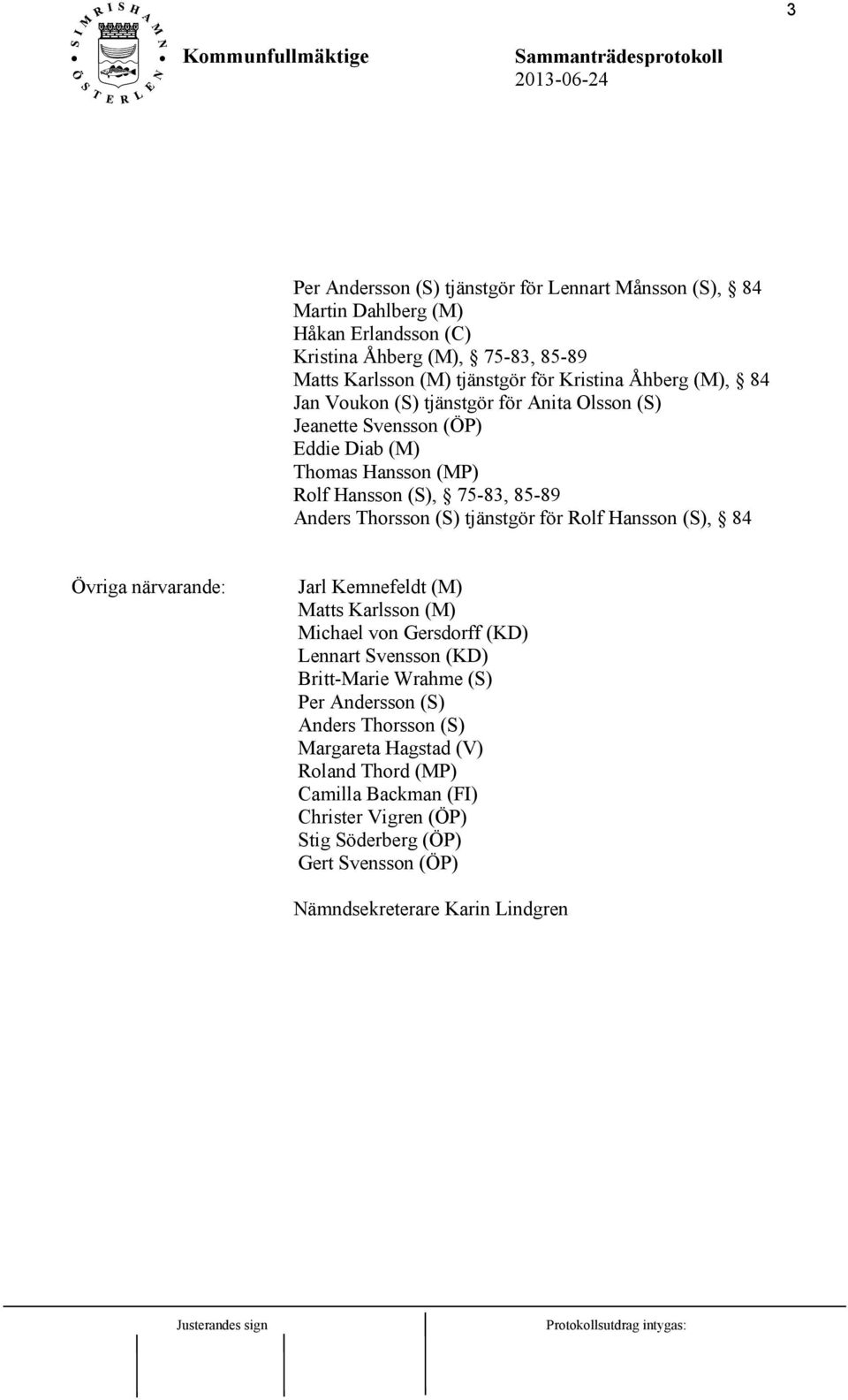 tjänstgör för Rolf Hansson (S), 84 Övriga närvarande: Jarl Kemnefeldt (M) Matts Karlsson (M) Michael von Gersdorff (KD) Lennart Svensson (KD) Britt-Marie Wrahme (S) Per