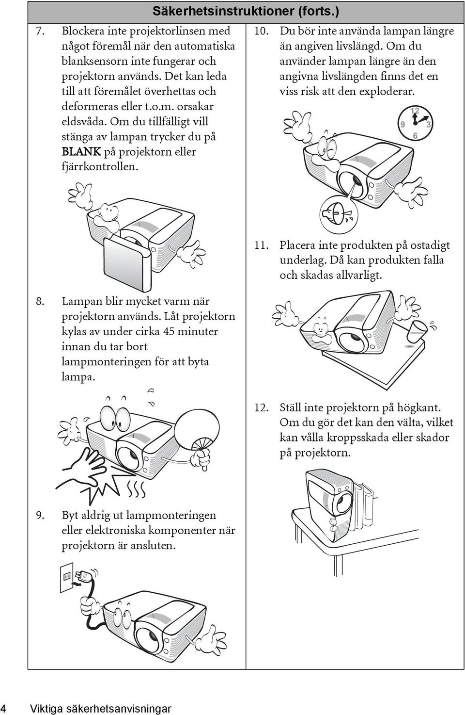 Om du använder lampan längre än den angivna livslängden finns det en viss risk att den exploderar. 8. Lampan blir mycket varm när projektorn används.